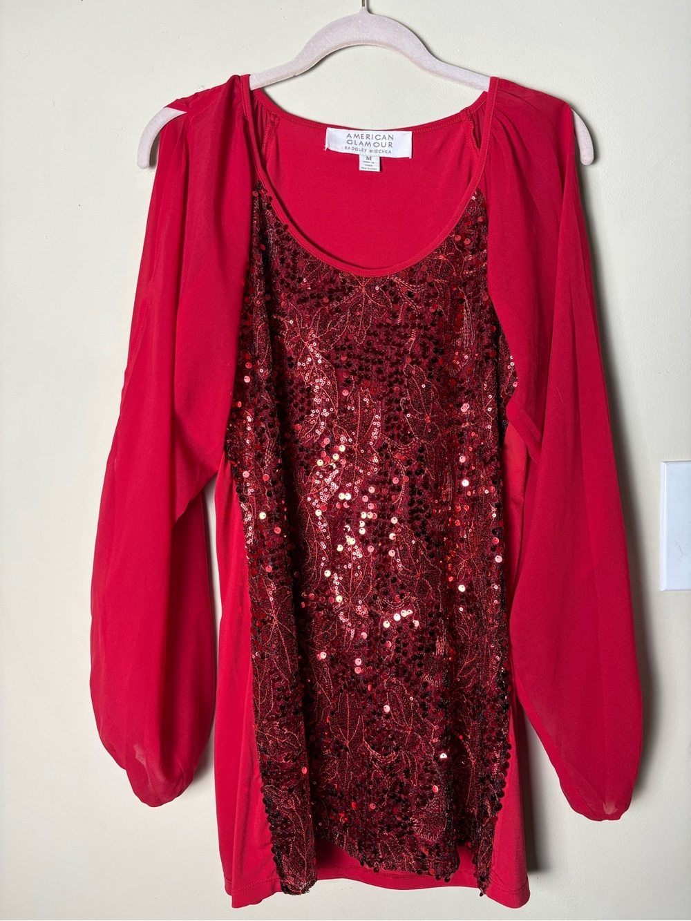 American Glamour by Badgley Mischka Red Sequined Blouse M